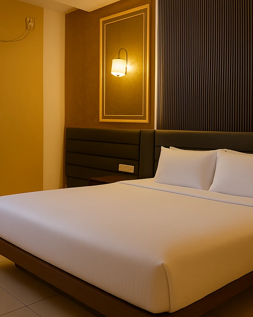 Twin double room at Aaravya Hotel Ayodhya — 2 double beds, sleeps 4
