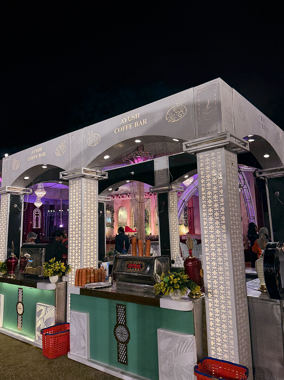 Wedding lawn — night setup, lit beautifully