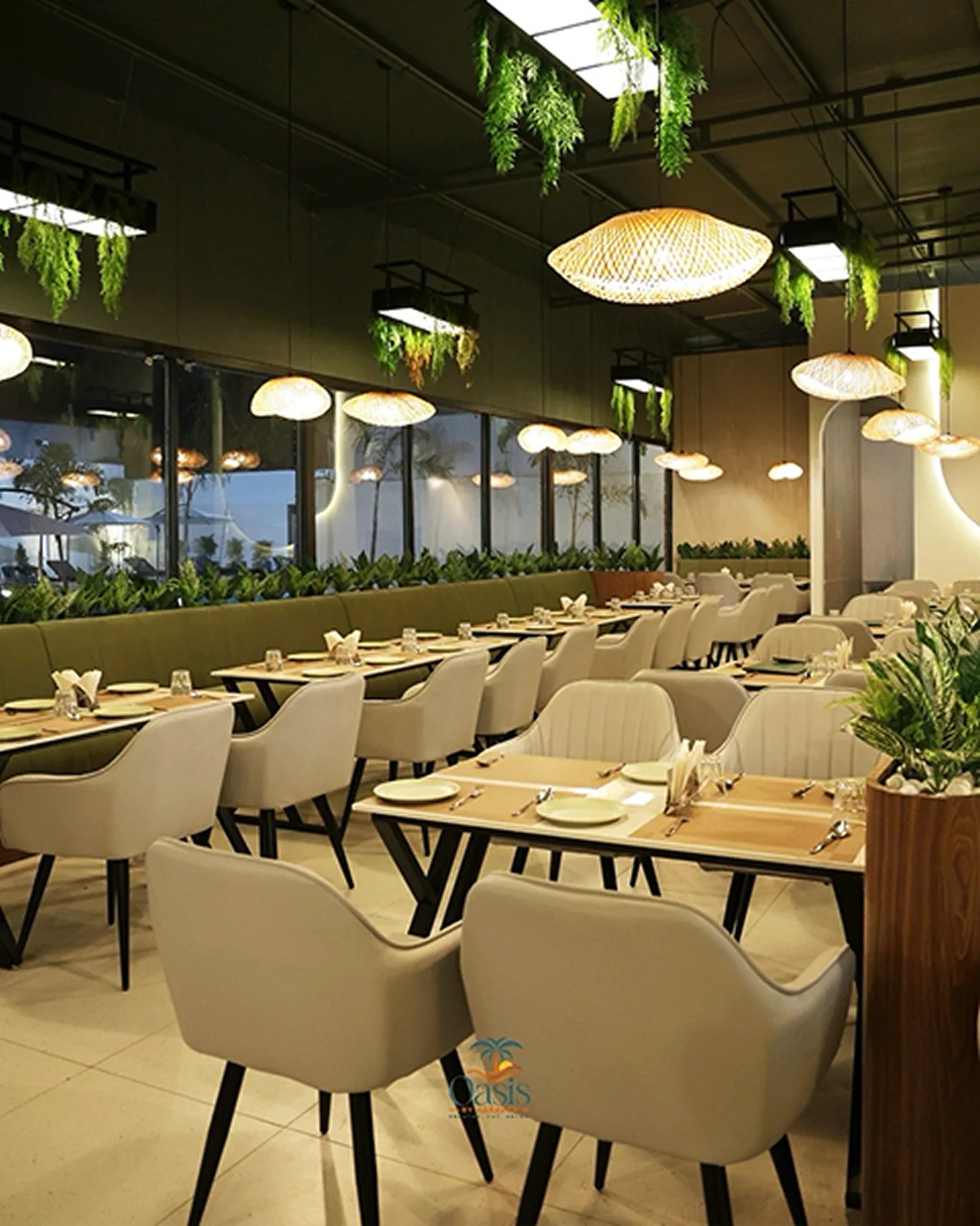 Indoor dining room — evening, warm lighting